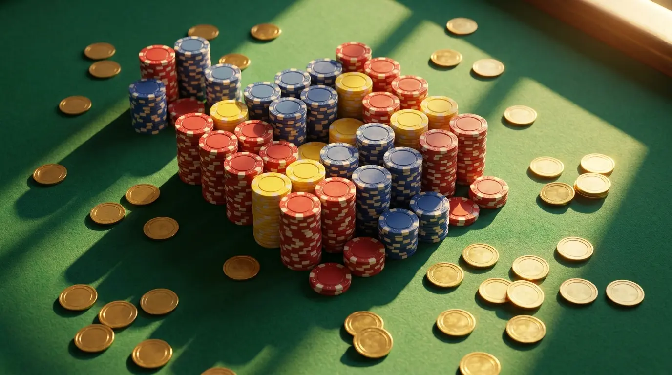 Fichas de casino y monedas doradas sobre mesa de juego verde