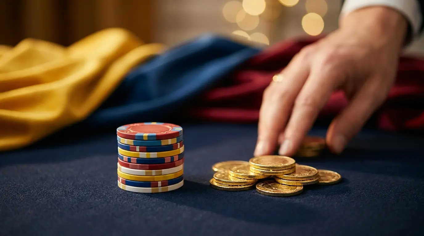 Fichas de casino y monedas con colores colombianos