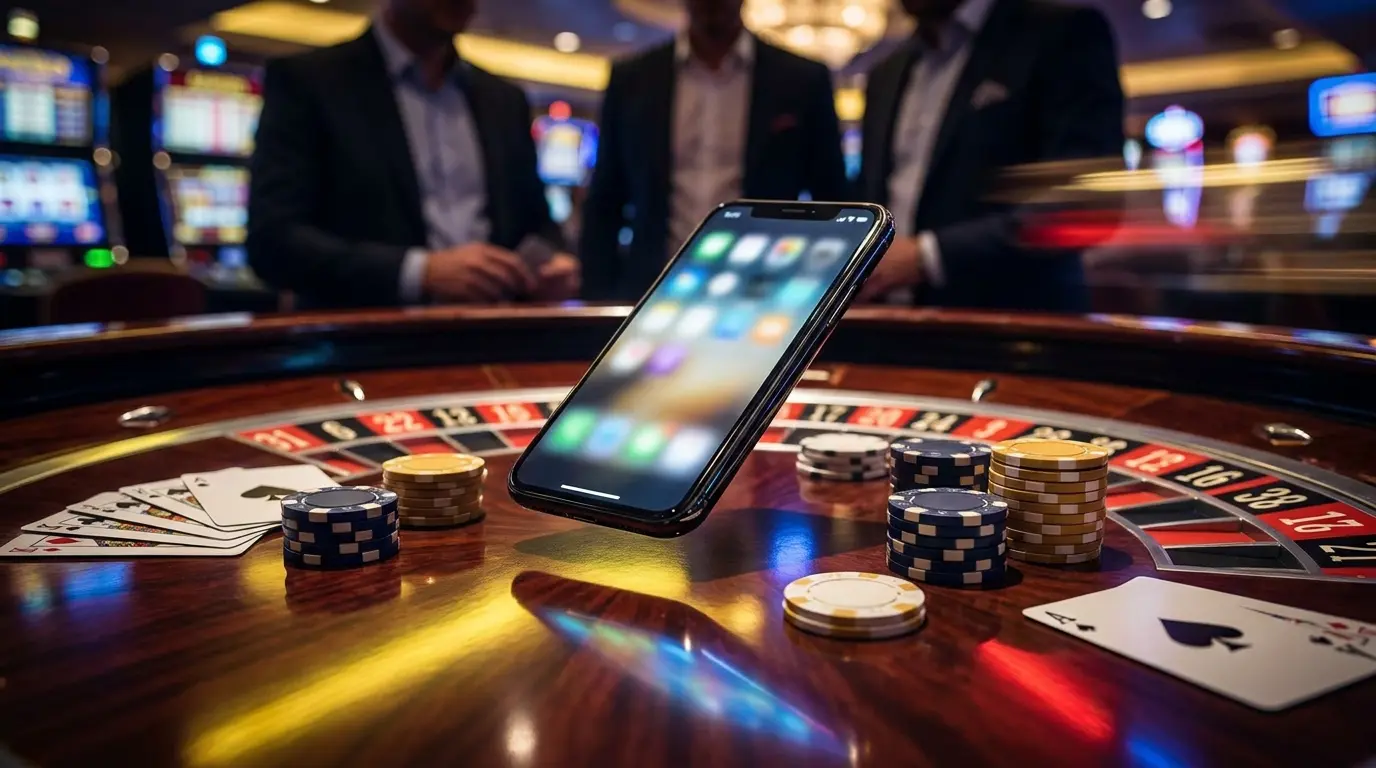 Dispositivo móvil flotando sobre mesa de casino con fichas