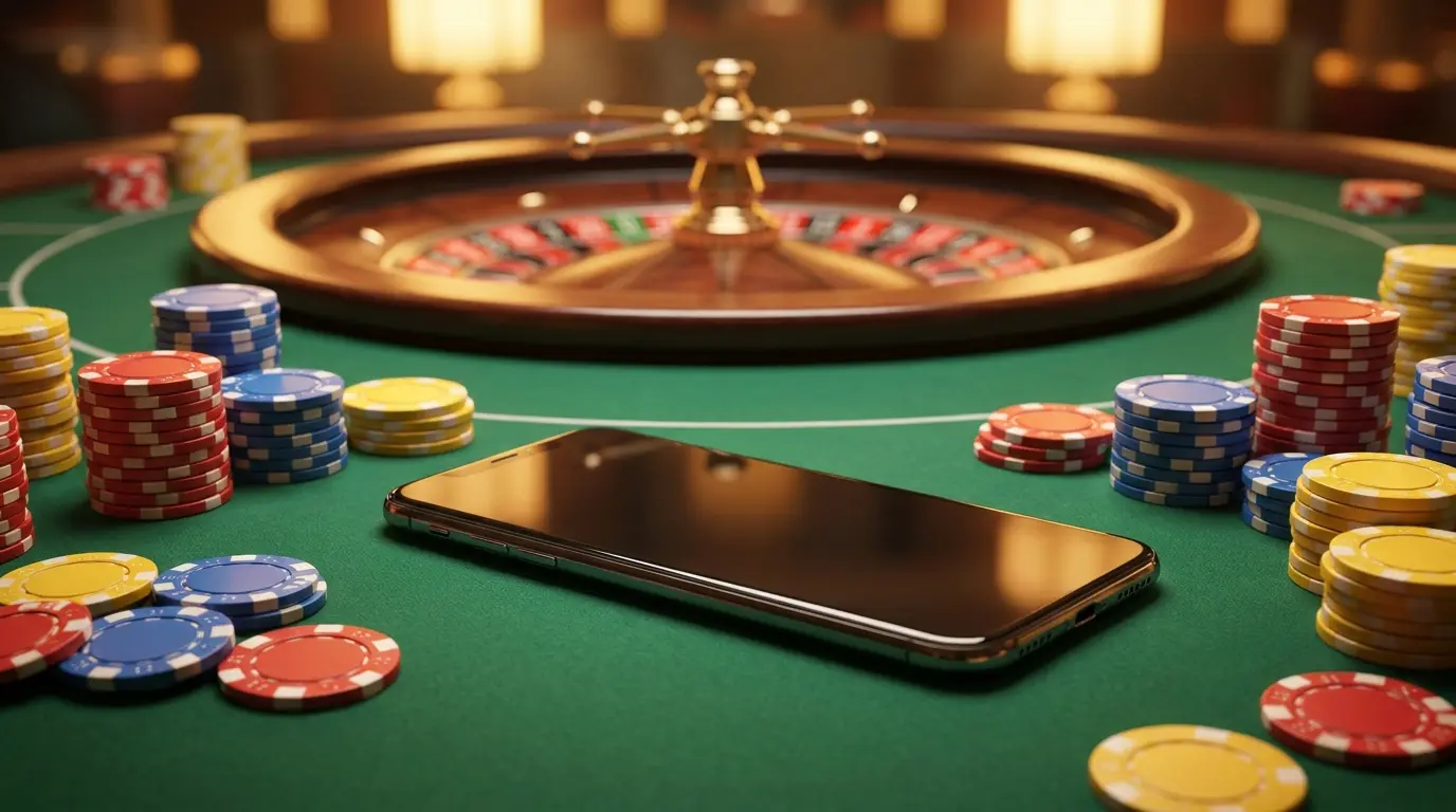 Teléfono móvil rodeado de fichas de casino con colores de Colombia