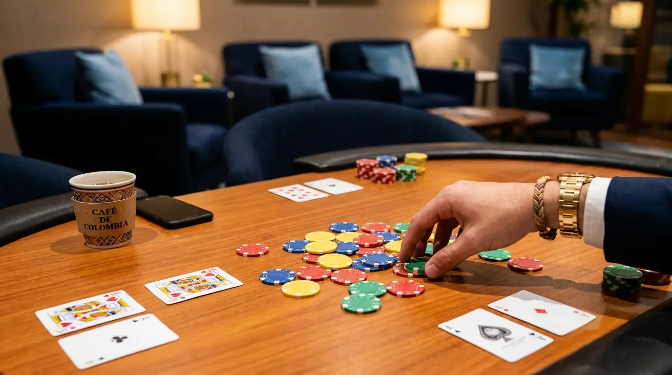 Tel茅fono m贸vil rodeado de fichas de casino y cartas sobre mesa