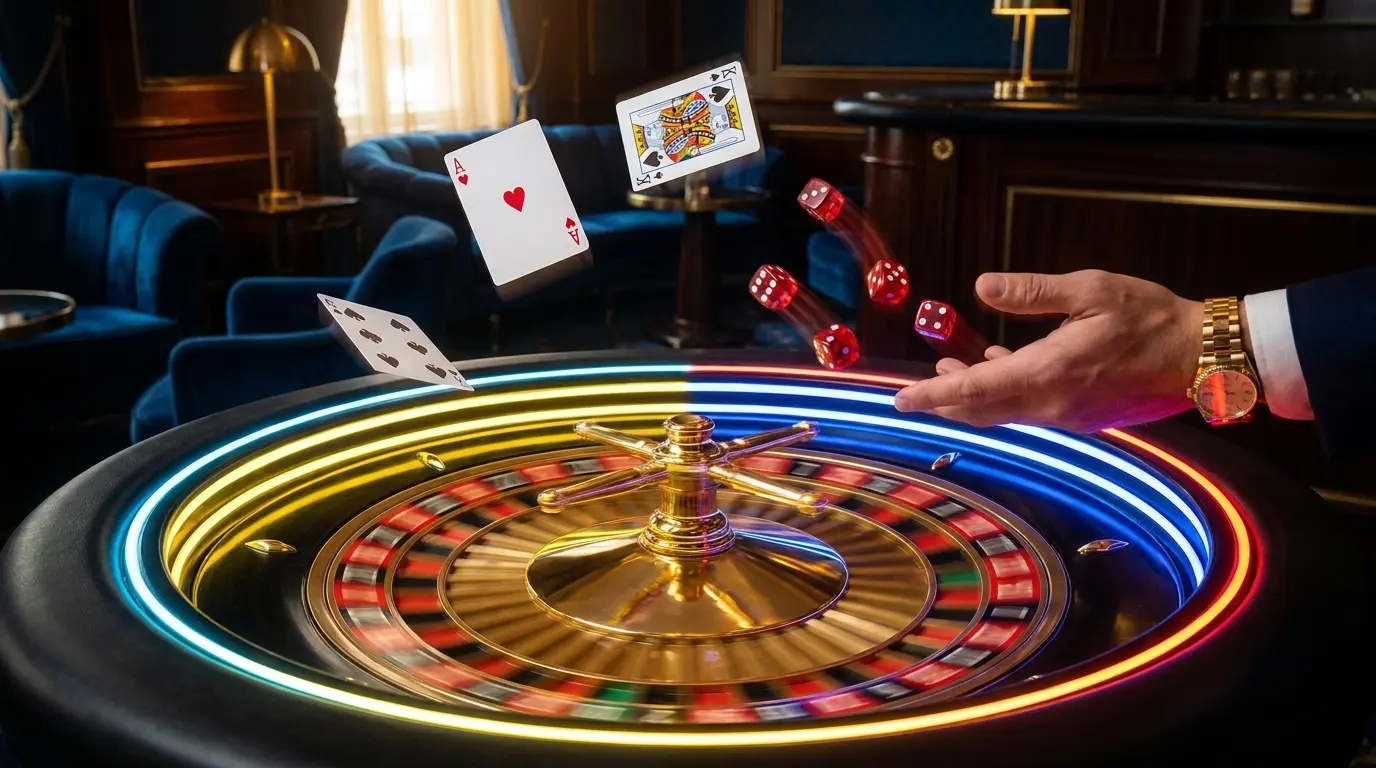 Ruleta girando con cartas y dados en casino colombiano