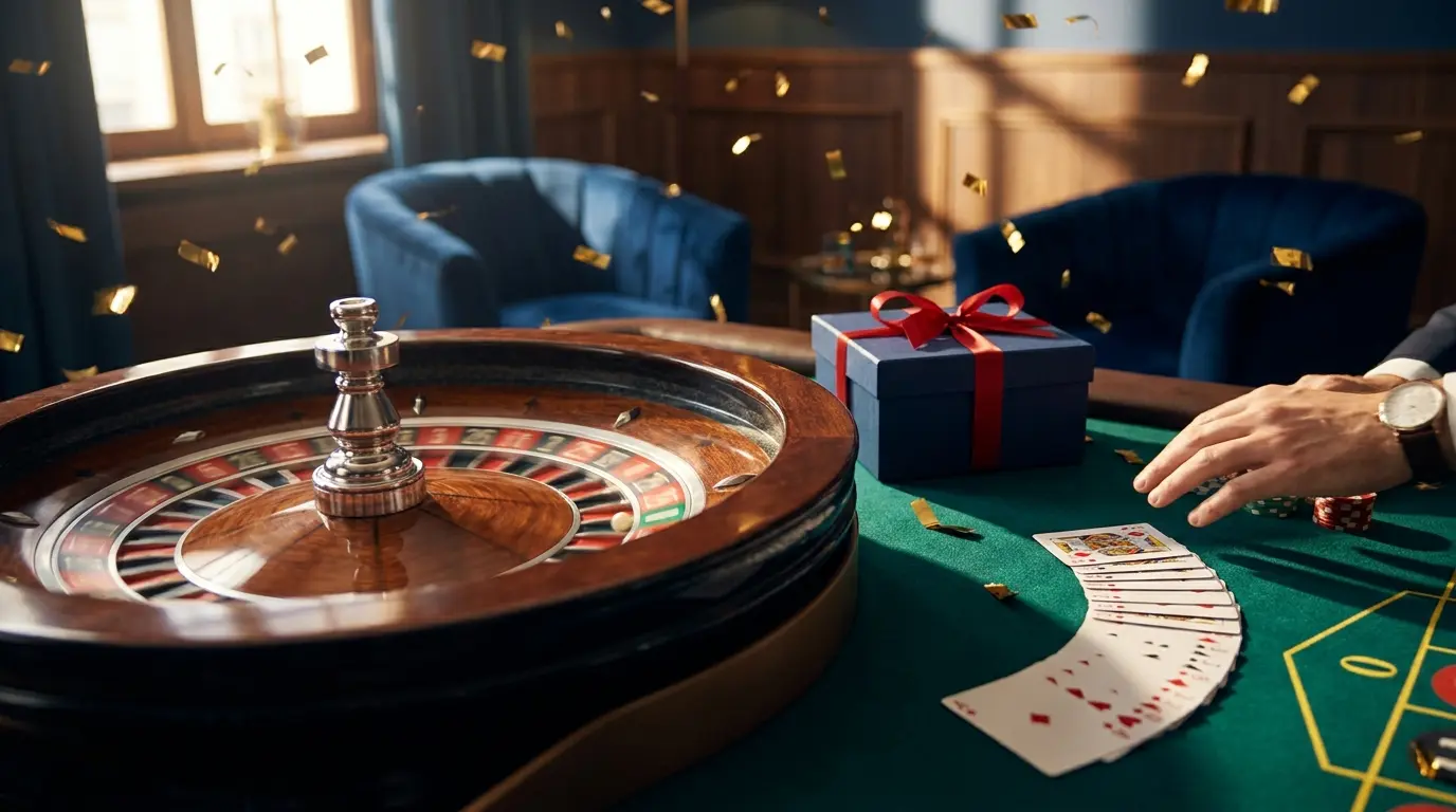 Ruleta girando con caja de regalo y cartas de póker