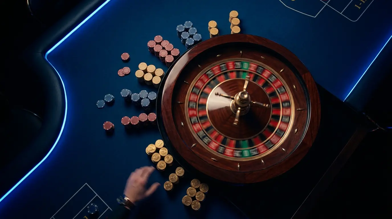 Ruleta girando con fichas de colores y monedas doradas