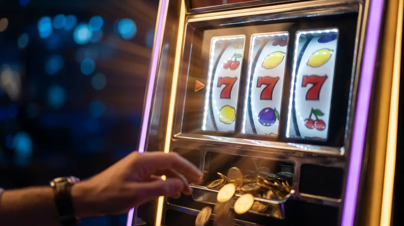 Monedas doradas cayendo de tragamonedas iluminadas con neón