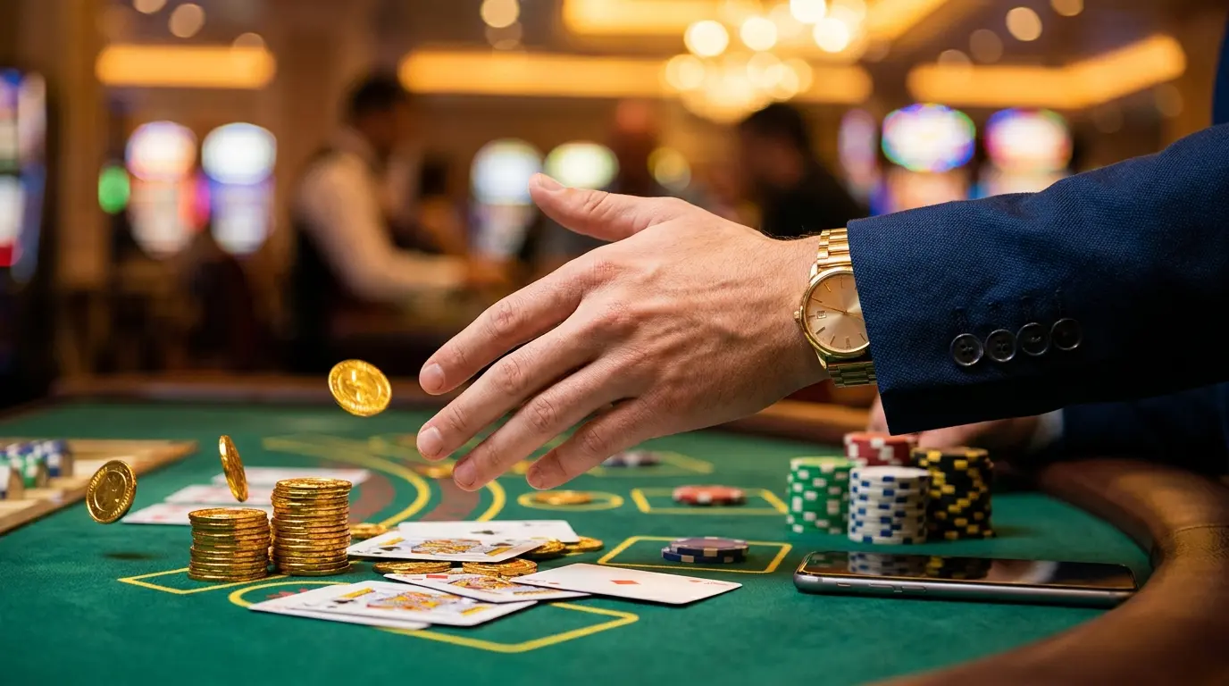 Zlaté mince a casino žetony na zeleném stole s mobilem