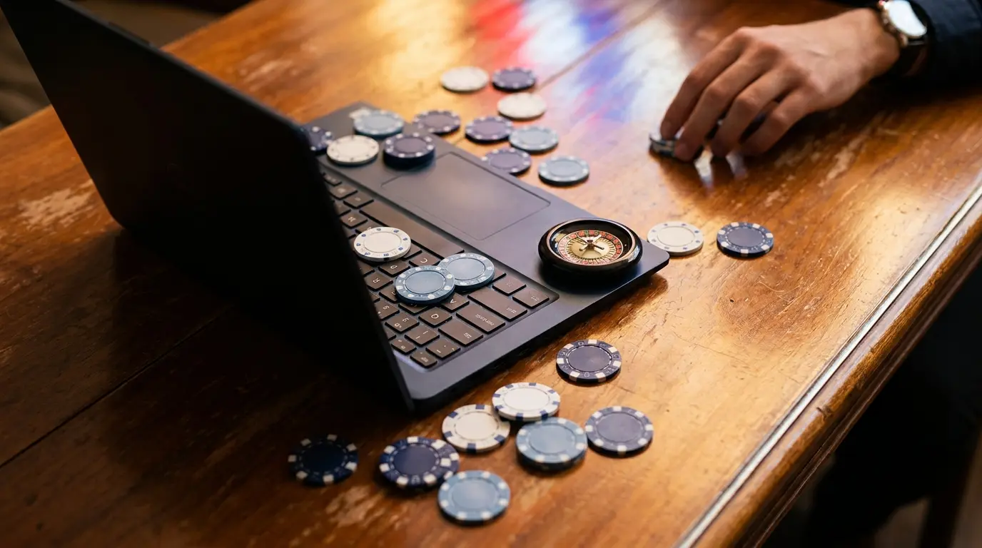 Notebook s kasinovými žetony a ruletou na stole