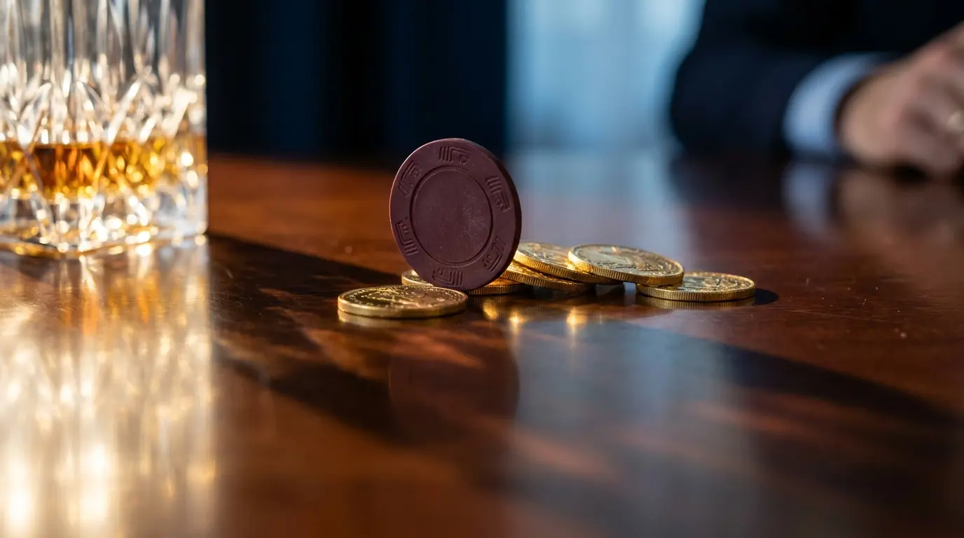 Poker žeton na hromádce zlatých mincí
