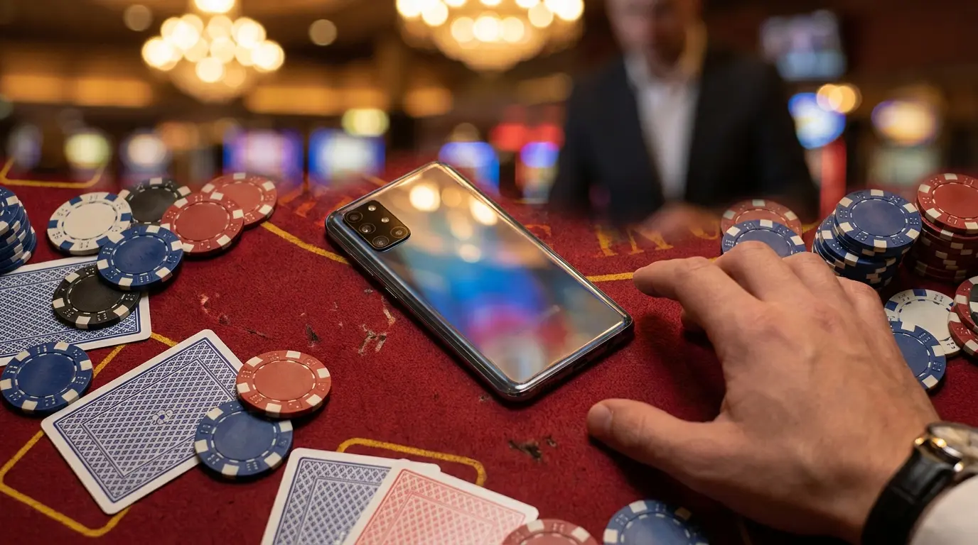 Smartphone s kasinovými žetony a kartami na červeném sukně