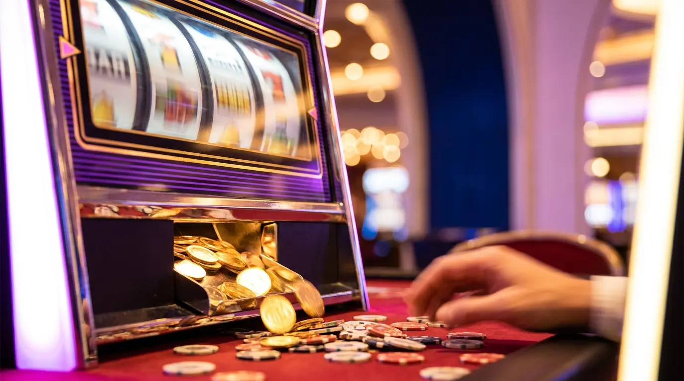 Rotující automaty s padającími mincemi a casino žetony na plsti