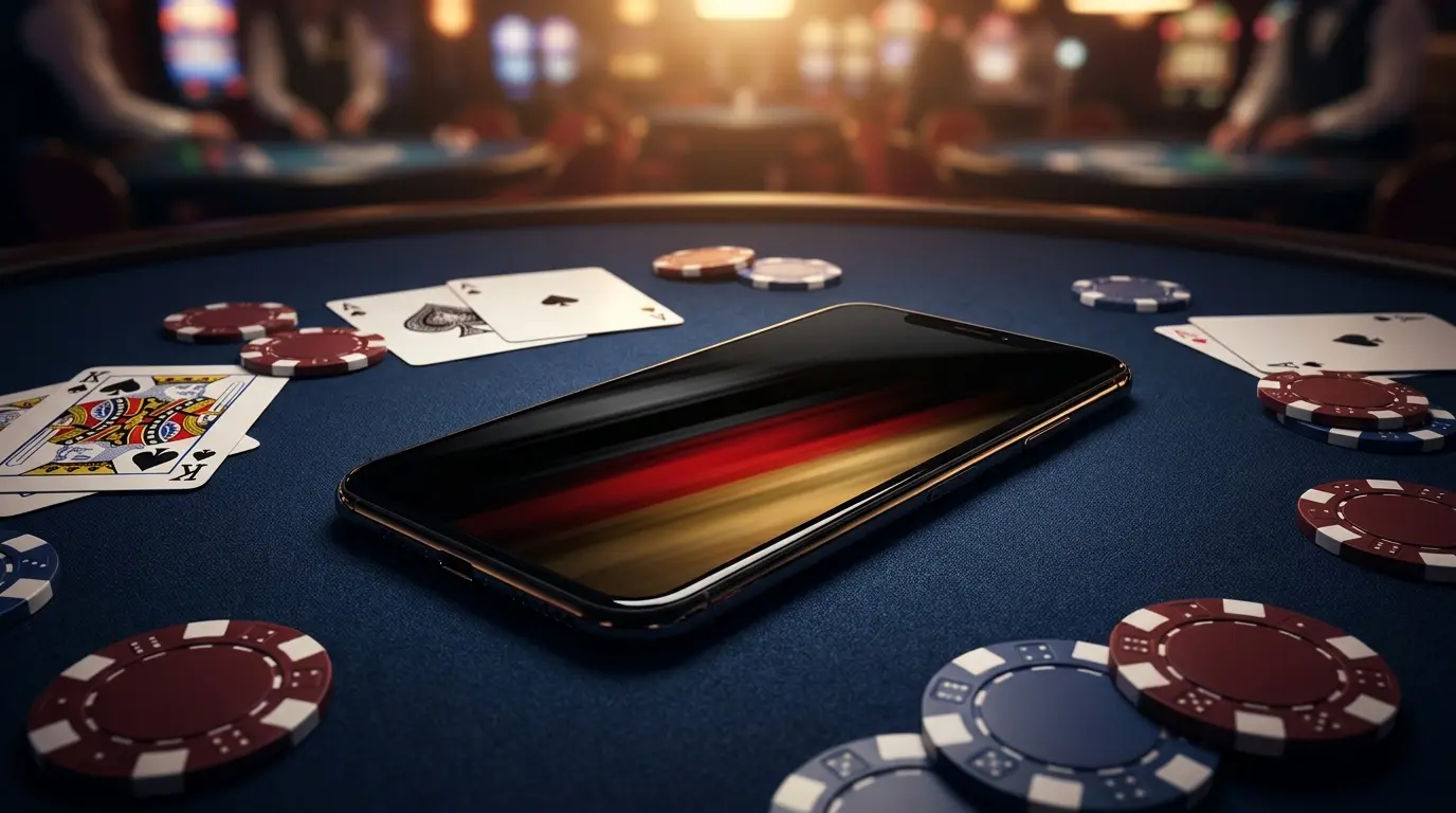 Smartphone mit Casino-Chips auf dunklem Filz in deutschen Farben