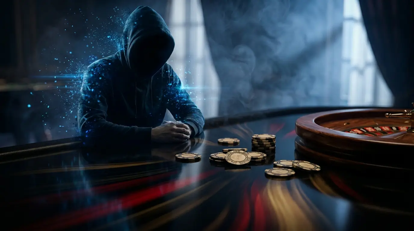 Anonyme Casino-Szene mit verschleierter Figur und Spielchips