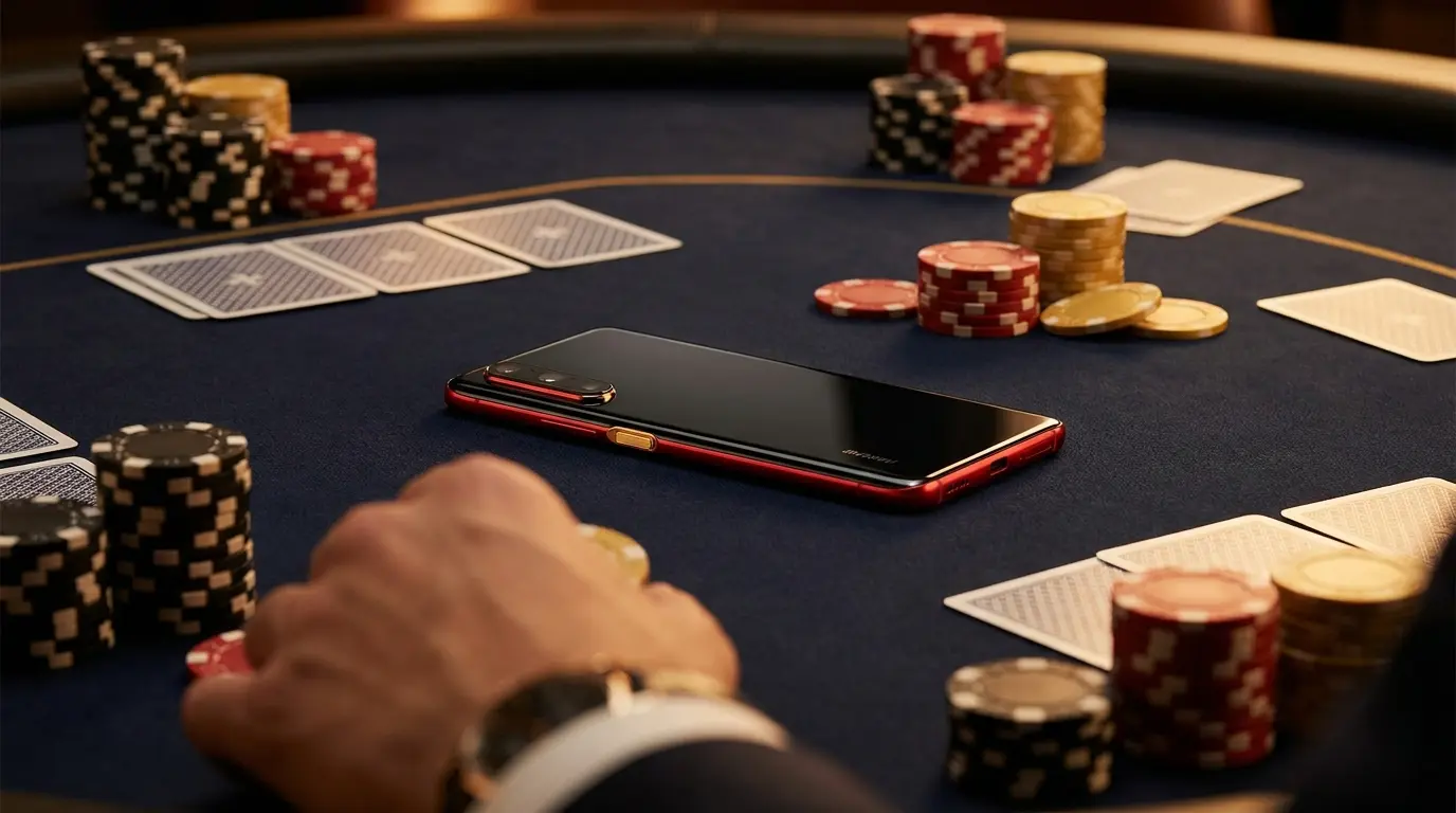 Smartphone auf Casino-Tisch mit Chips und Karten in deutschen Farben