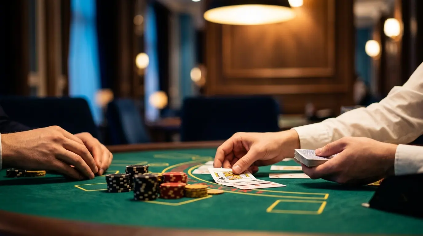 Baccarat-Karten und Chips in deutschen Farben auf grünem Filz