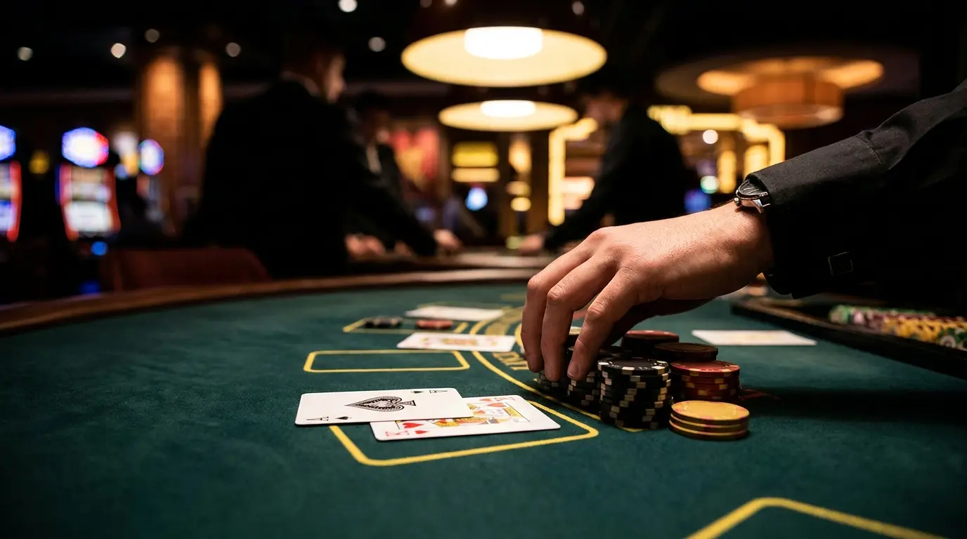 Blackjack-Tisch mit Karten und Chips in deutschen Farben