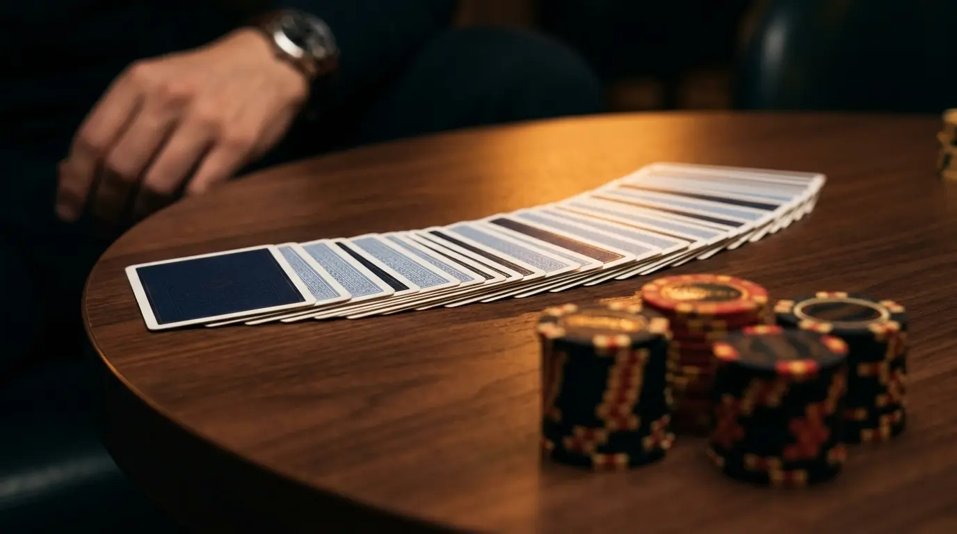 Spielkarten und Poker-Chips auf dunklem Holz