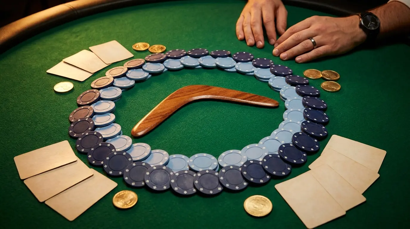 Bumerang umgeben von Poker-Chips und Spielkarten