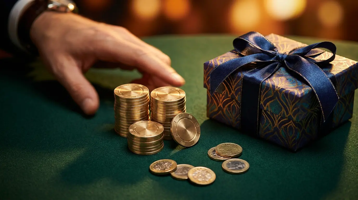 Casino-Chips und Geschenkbox symbolisieren Bonus und Freispiele