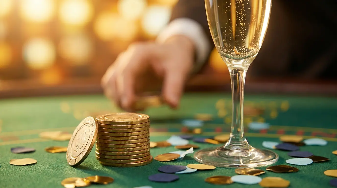 Casino-Chips und Champagner auf grünem Filz symbolisieren Gewinn