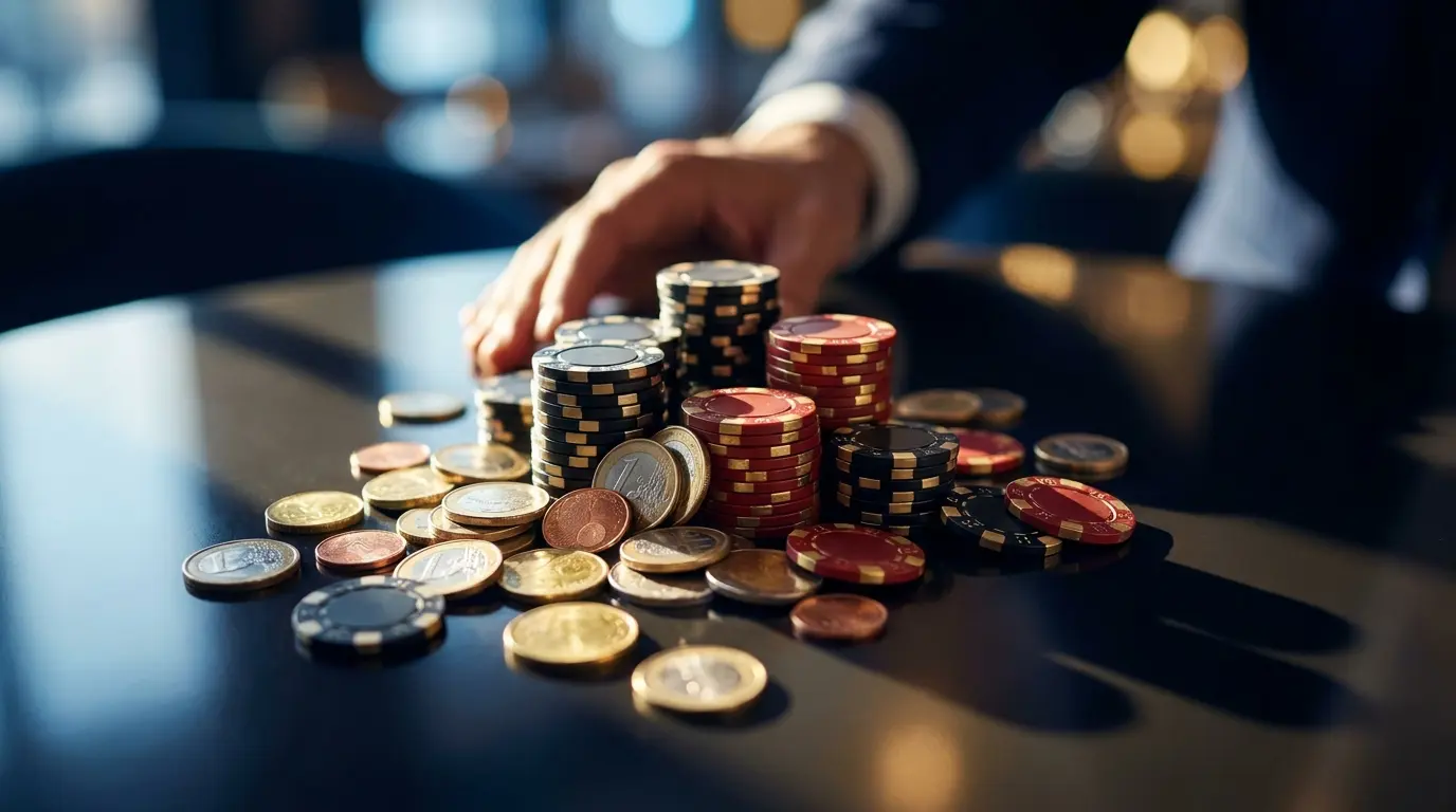 Casino-Chips mit Euro-Münzen in deutschen Farben auf dunkler Fläche