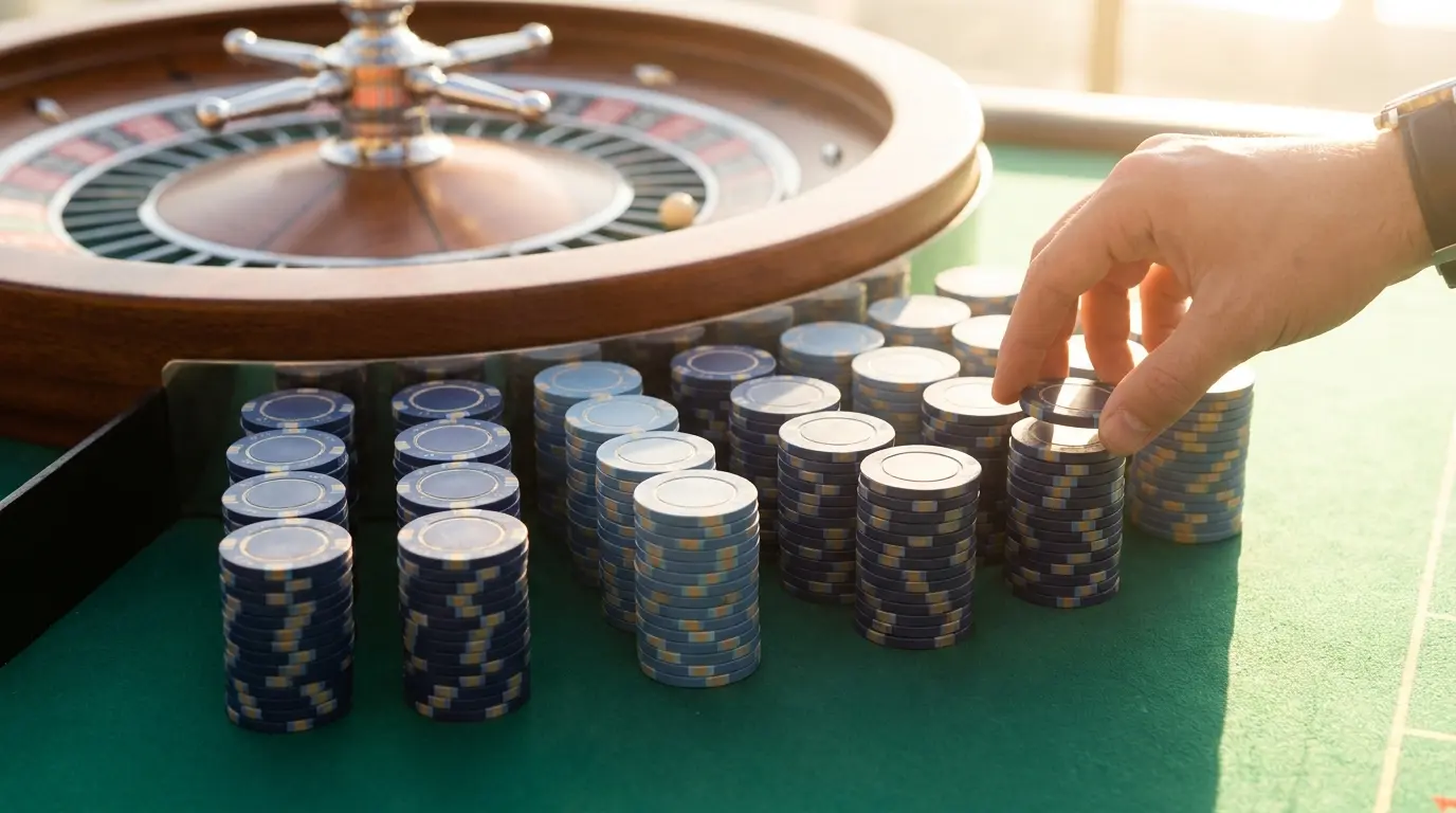 Casino-Chips auf grünem Filz mit Roulette-Rad im Hintergrund