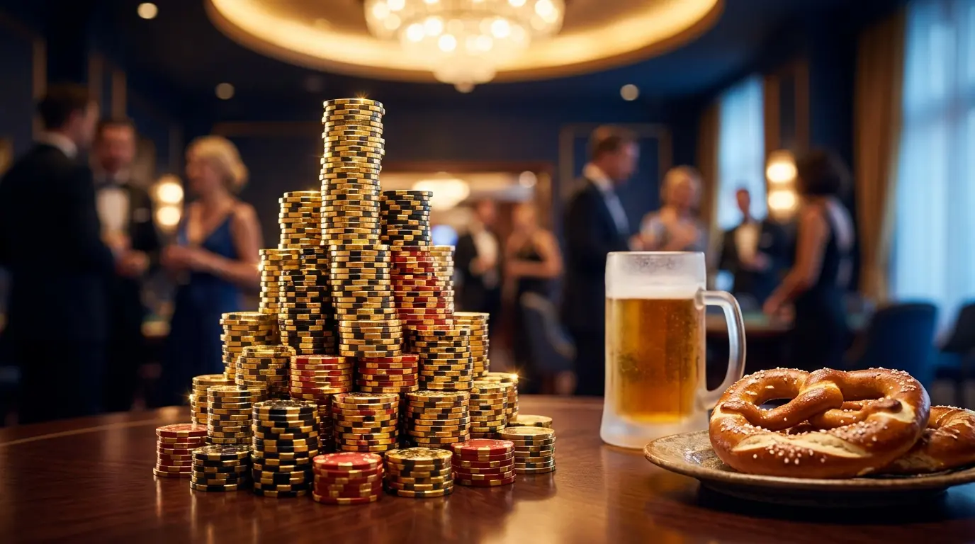 Hoher Stapel goldener Casino-Chips mit deutschem Bierkrug