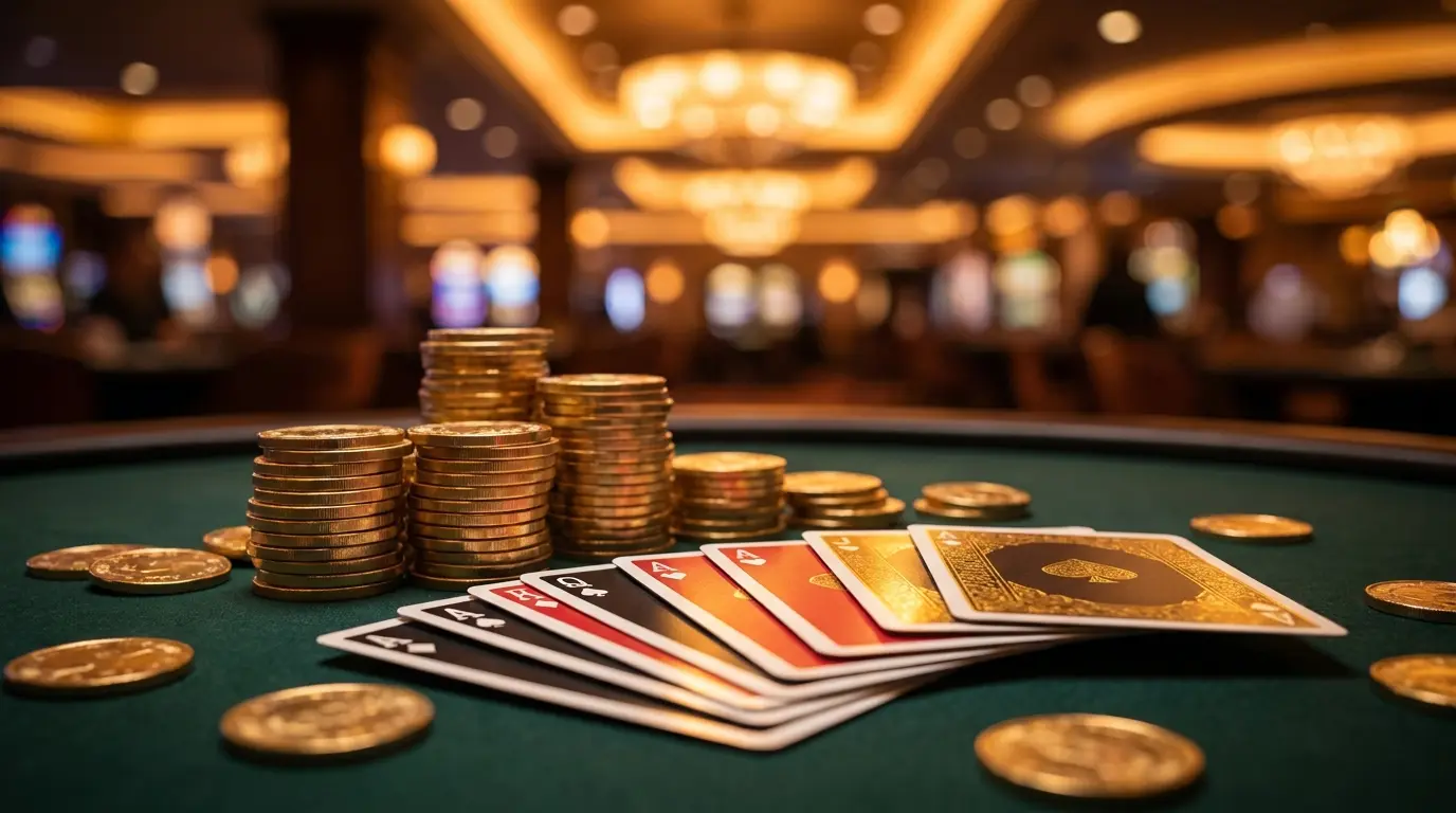 Casino-Chips und Spielkarten auf grünem Filz in deutschen Farben