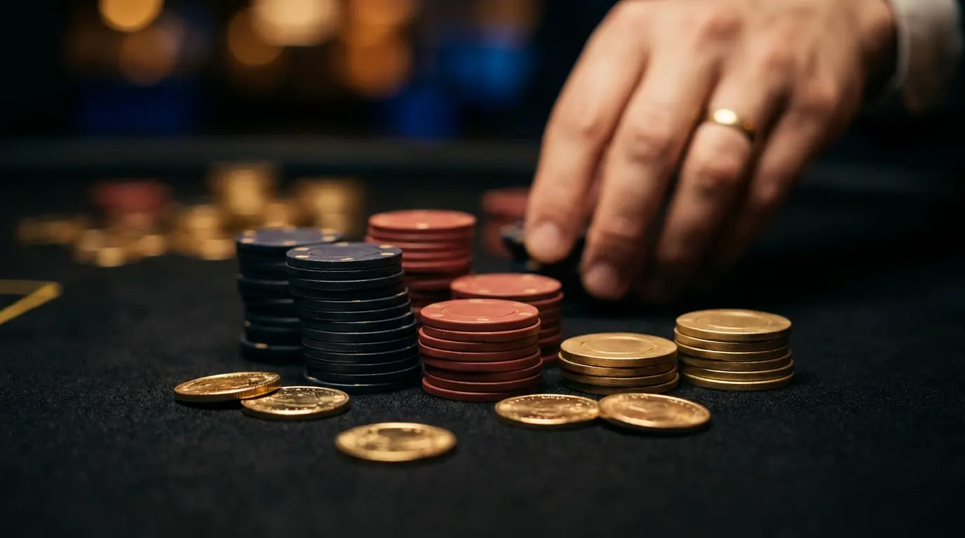 Casino-Chips und Münzen in deutschen Farben auf schwarzem Filz