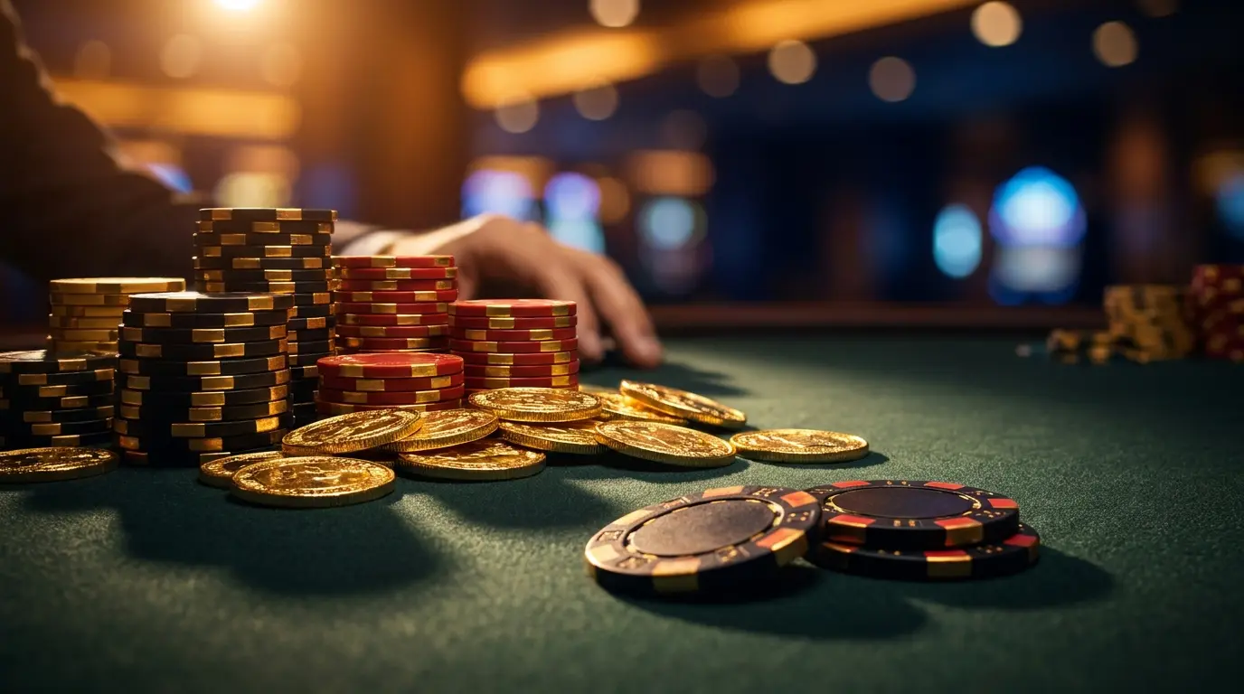 Casino-Chips und Münzen auf grünem Filz mit deutscher Farbgebung