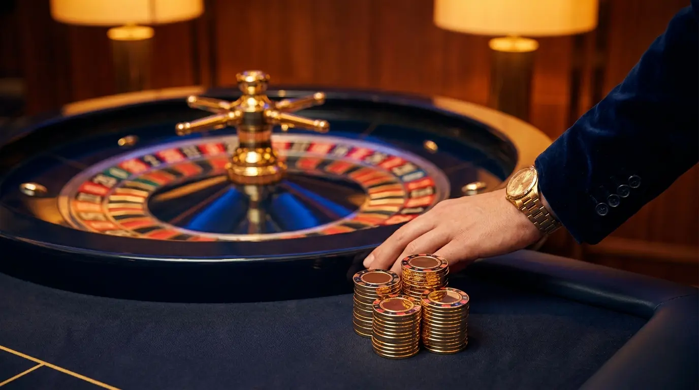 Casino-Chips und Roulette in deutschen Farben mit warmem Licht