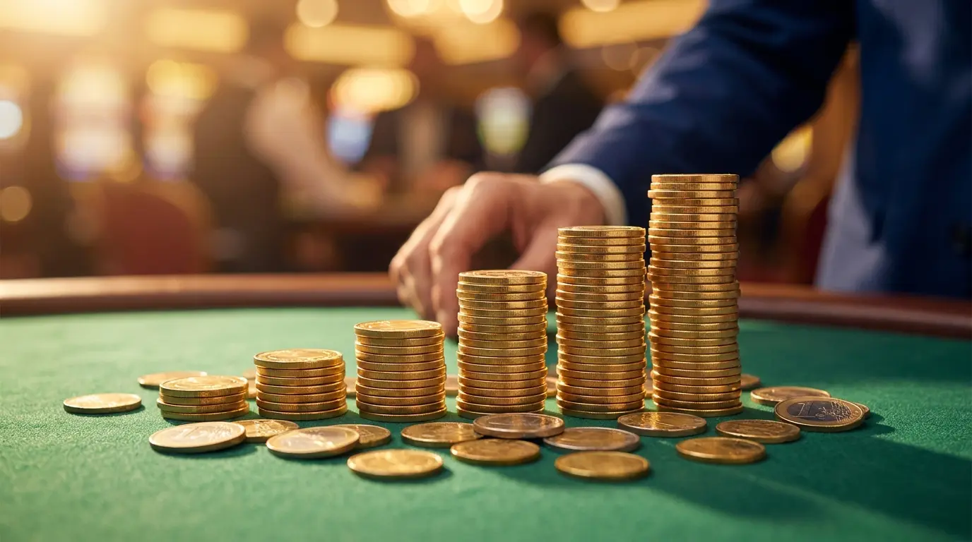 Gestapelte Casino-Chips und Münzen auf grünem Filz