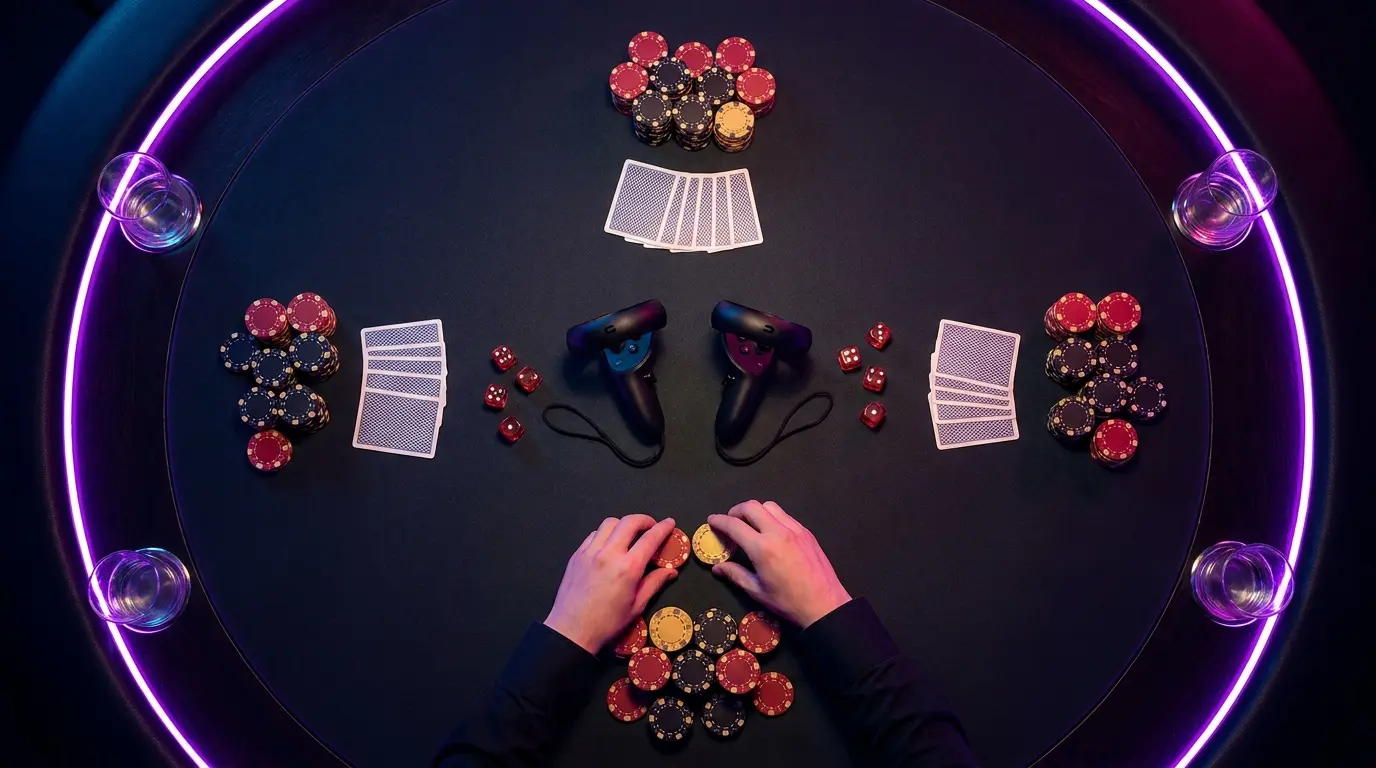 Casino-Tisch mit Chips, Karten und VR-Controllern von oben