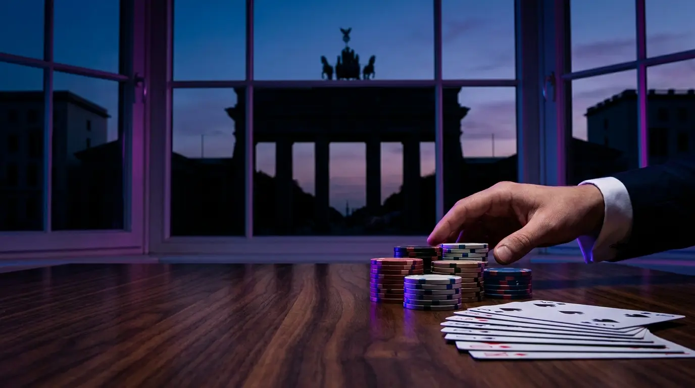 Casino-Chips und Karten vor Brandenburger Tor Silhouette