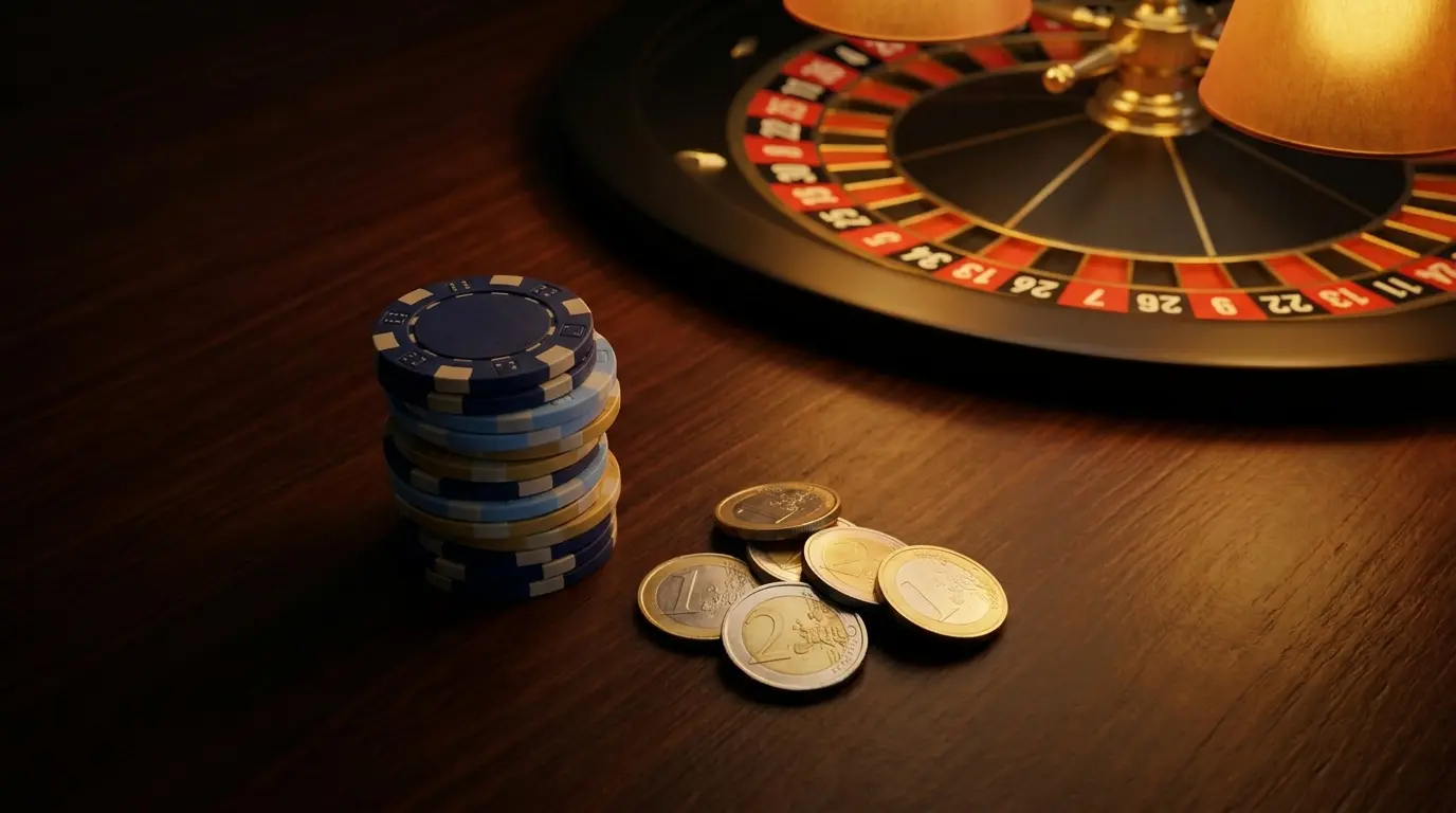 Stapel Casinochips neben Euro-Münzen auf dunklem Holz