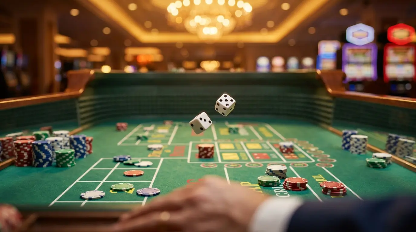 Würfel und Chips auf einem Craps-Tisch im Casino