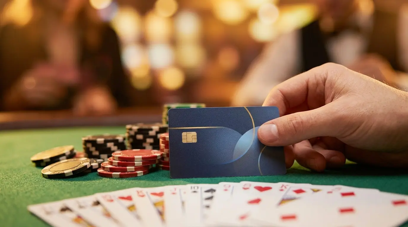 Kreditkarte auf grünem Casino-Filz mit Pokerchips