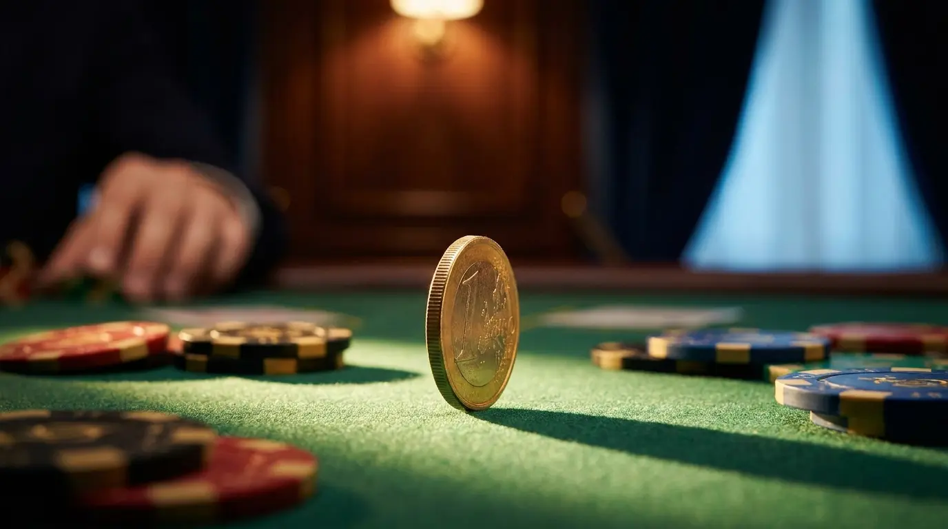 Ein-Euro-Münze auf grünem Casino-Filz mit Pokerchips