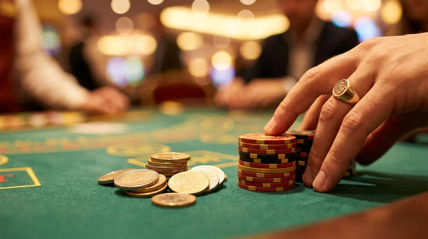 Euro-Münzen und Casino-Chips auf grünem Filz mit deutschen Farben