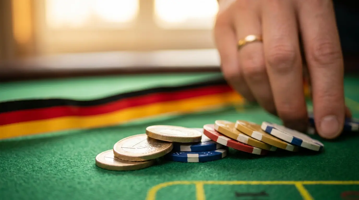 Euro-Münzen und Casino-Chips auf grünem Filz mit deutschen Farben