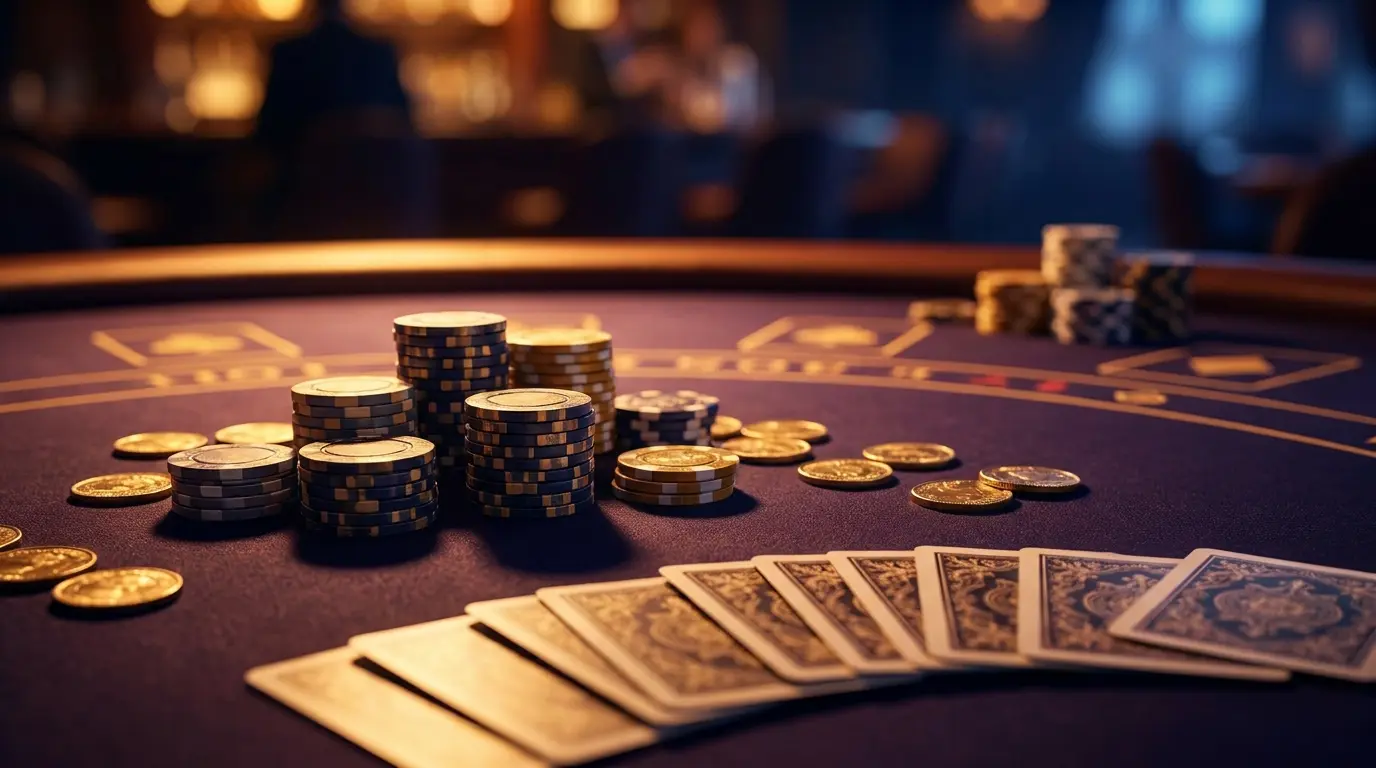 Casino-Chips und Münzen auf violettem Filz mit dramatischer Beleuchtung