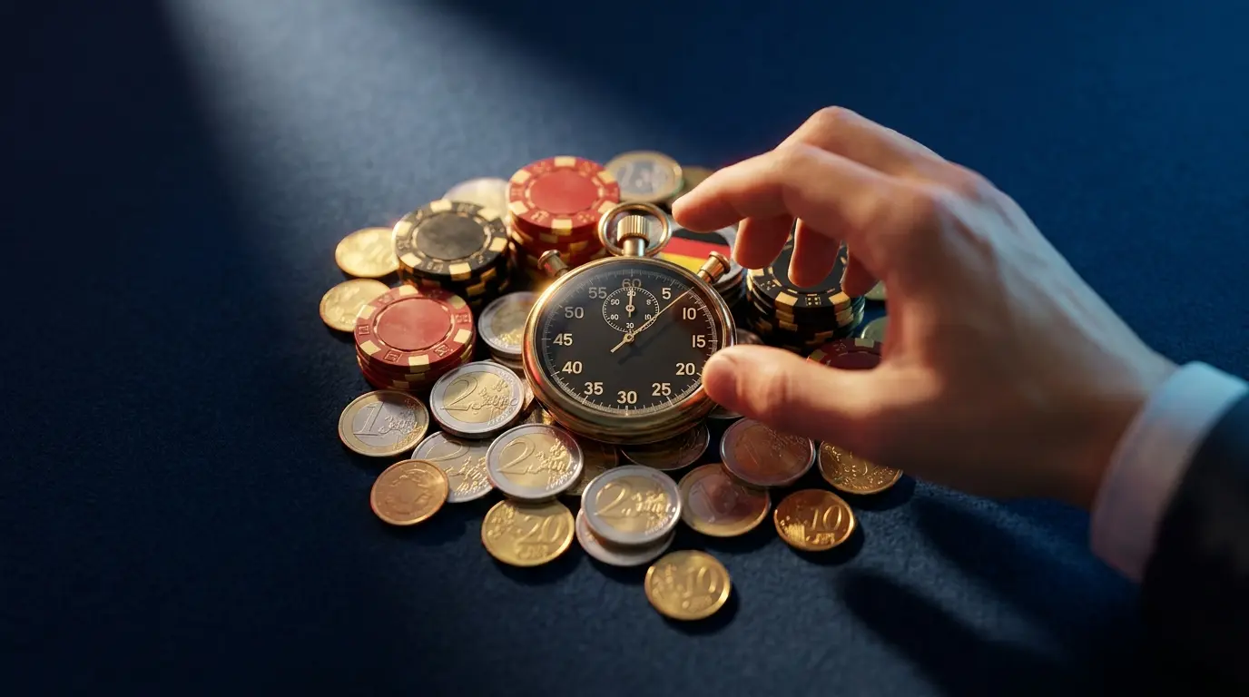Stoppuhr auf Casino-Chips symbolisiert schnelle Auszahlungen