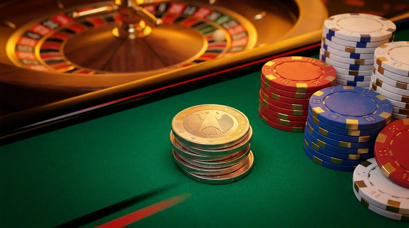 Fünf-Euro-Münzen und Casino-Chips auf grünem Filz