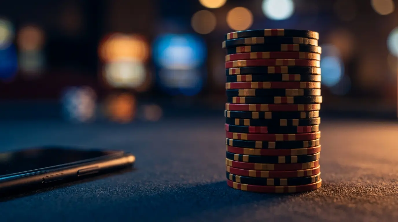 Casino-Chips in deutschen Farben neben Mobiltelefon