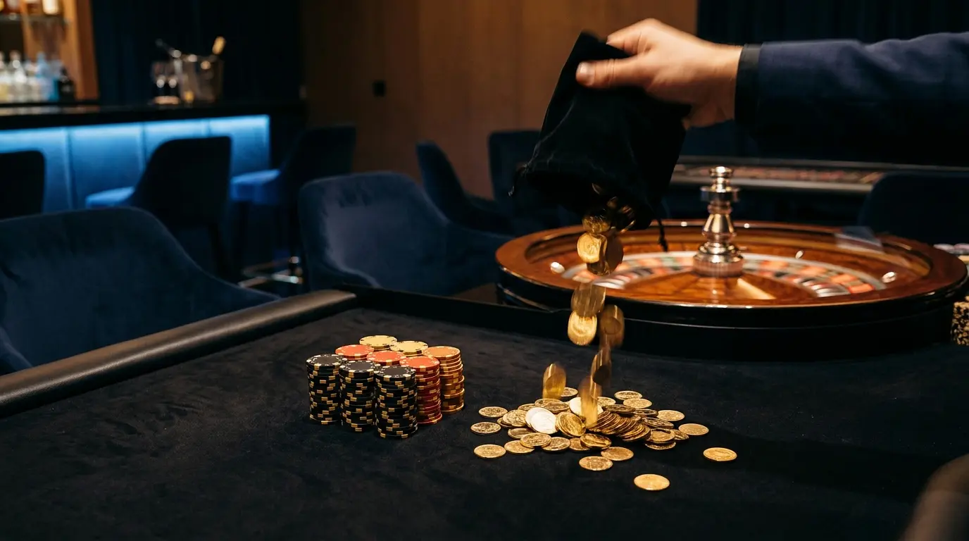 Goldene Münzen und Poker-Chips in deutschen Farben auf Casino-Tisch