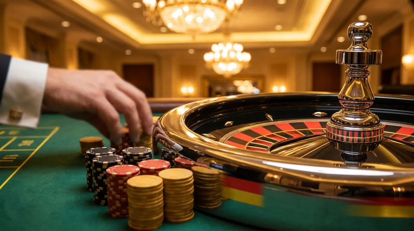 Roulette-Rad mit Chips in deutschen Farben auf Spieltisch