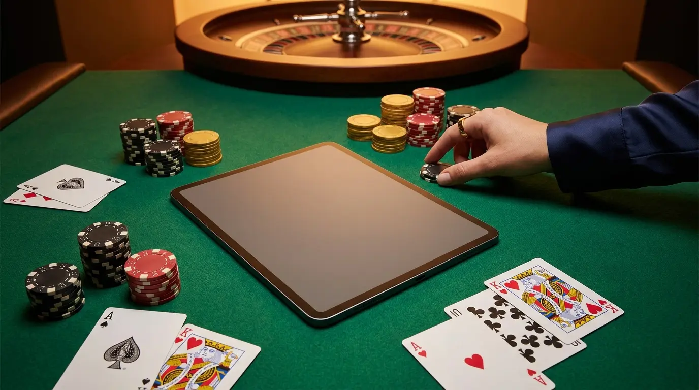 iPad auf Casino-Tisch mit Chips und Karten in Deutschland-Farben