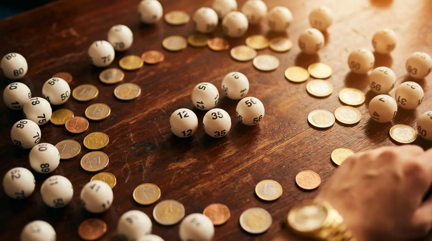 Keno-Zahlen mit Euro-Münzen auf Holztisch