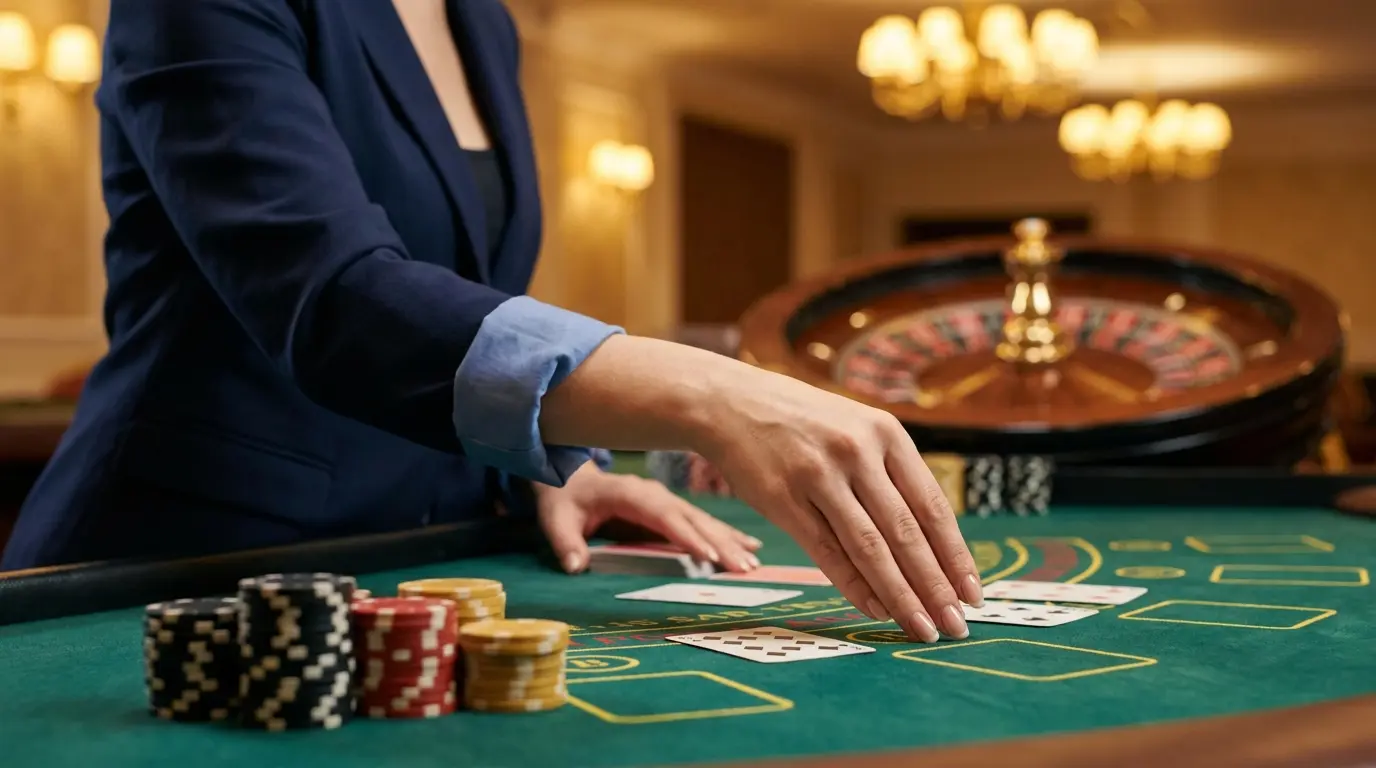 Live-Dealer am Pokertisch mit Karten und Chips