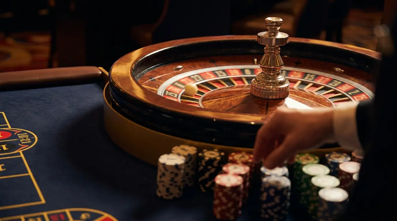 Roulette-Rad dreht sich mit Kugel und Casino-Chips auf Filztisch