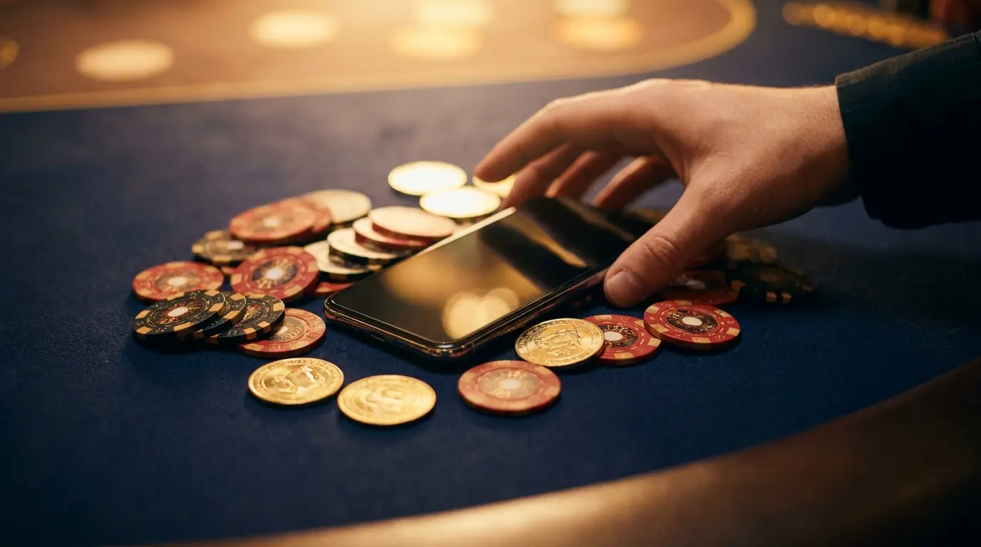 Smartphone mit Casino-Chips und Münzen auf Spieltisch